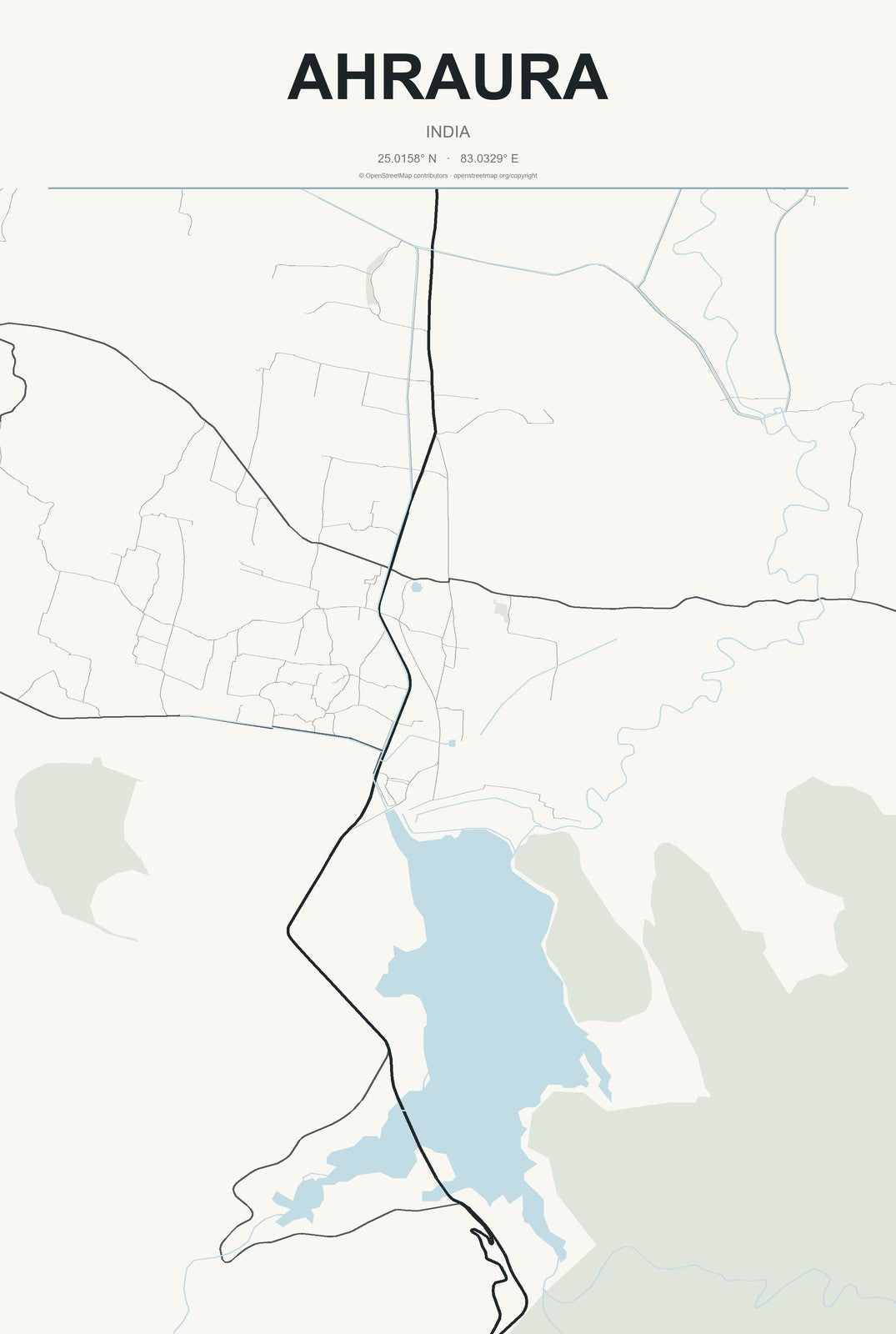 Ahraura, India City Map Aluminum Sign in Headline Atlas style