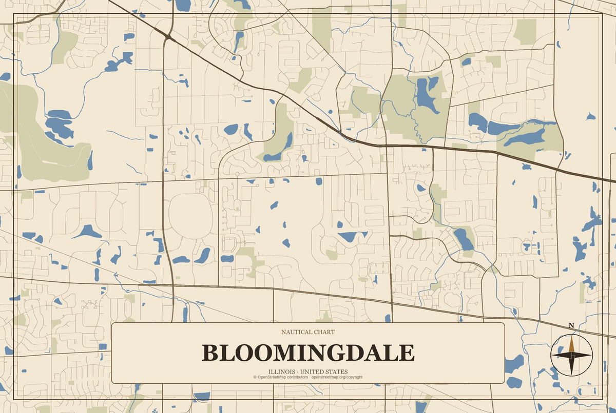 Bloomingdale, Illinois City Map Aluminum Sign in Heritage Nautical style