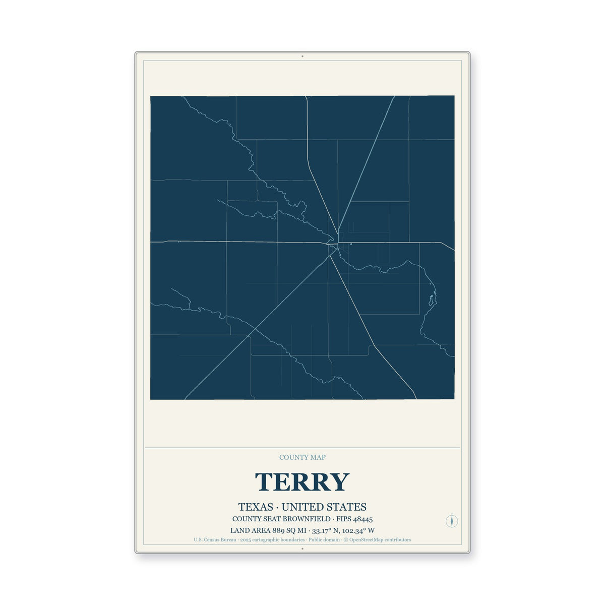 Terry County, Texas Map Aluminum Sign in Coastal Cutout style