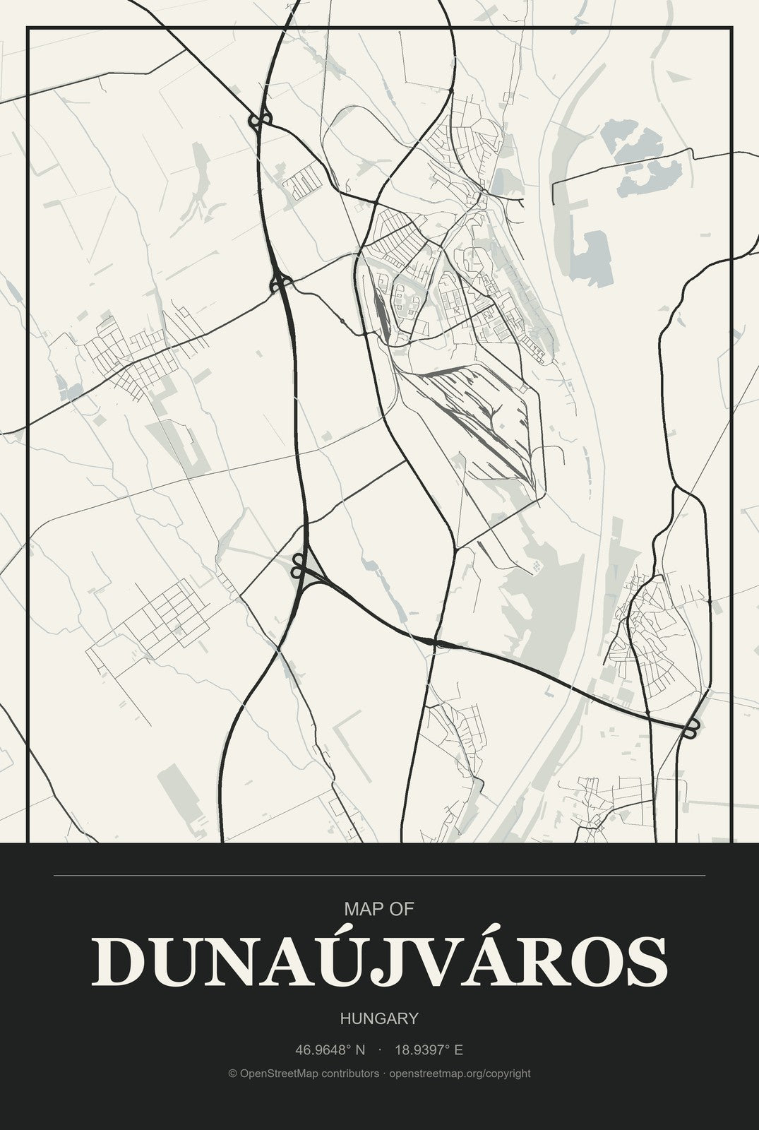 Dunaújváros, Hungary City Map Aluminum Sign in Museum Plaque style