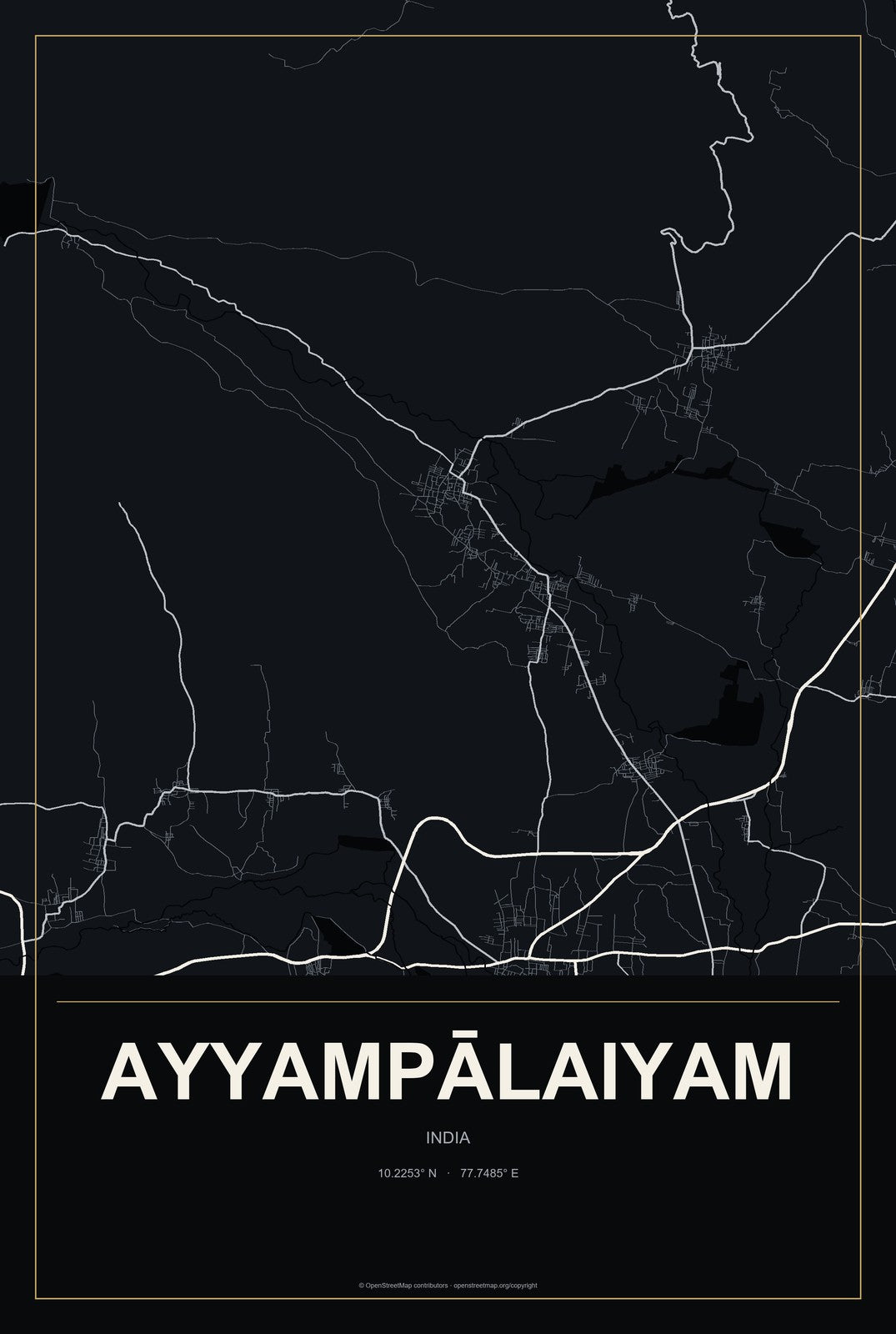 Ayyampālaiyam, India City Map Aluminum Sign in Metropolitan Noir style