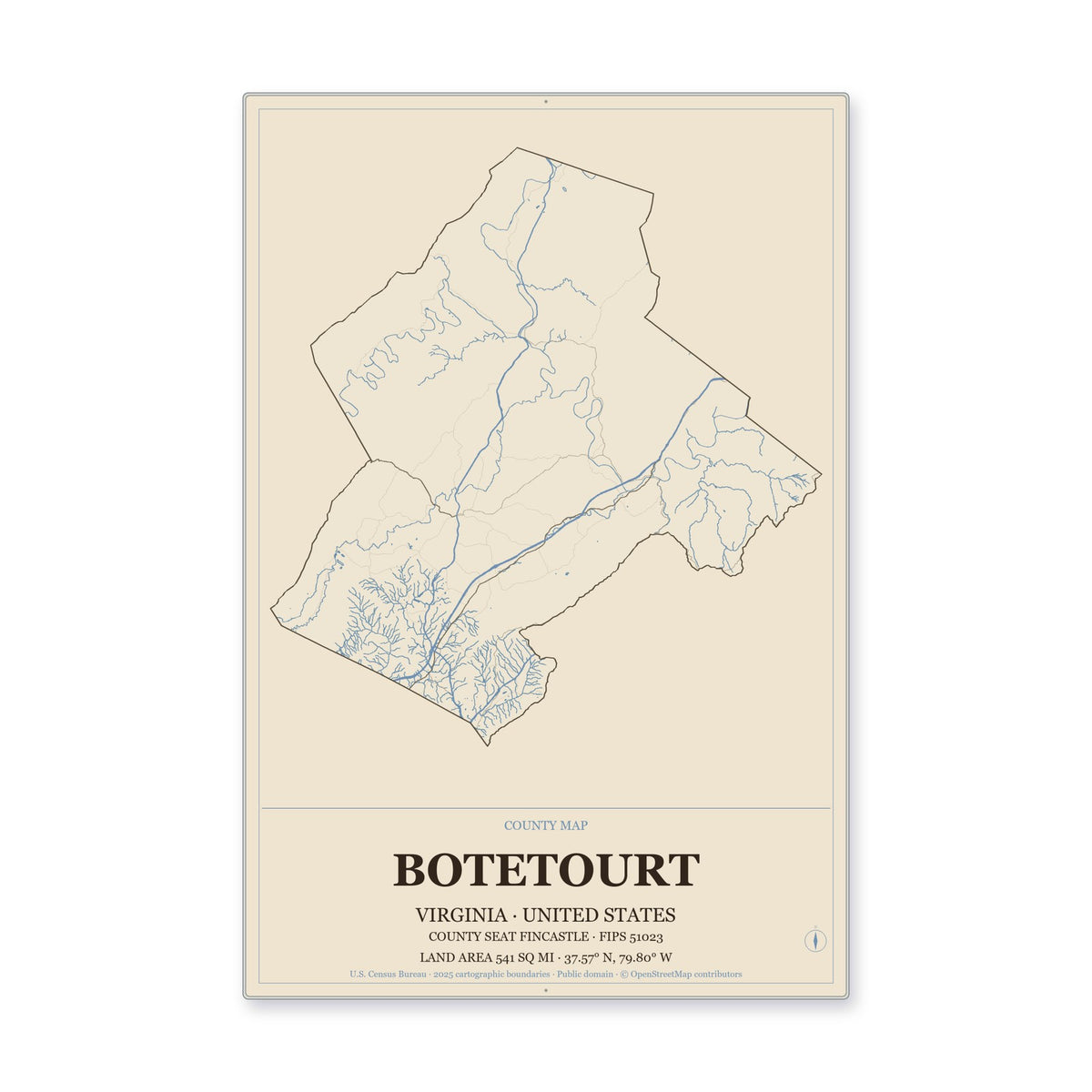 Botetourt County, Virginia Map Aluminum Sign in Heritage Nautical style