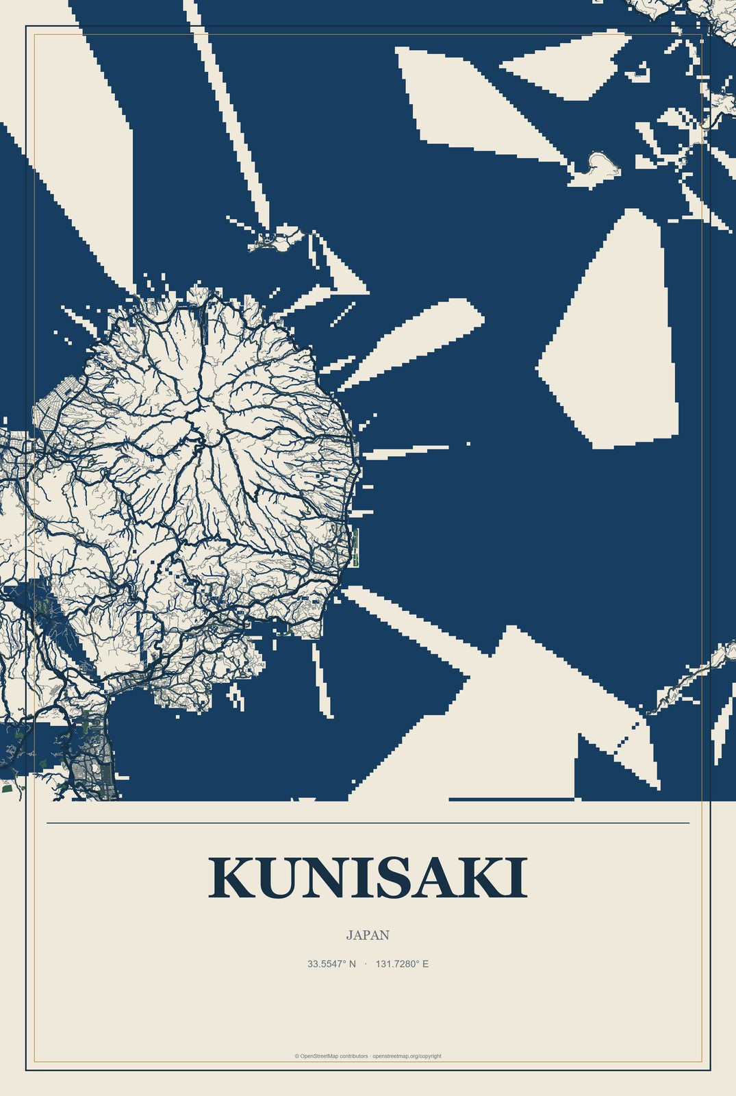Kunisaki, Japan City Map Aluminum Sign in Coastal Cutout style