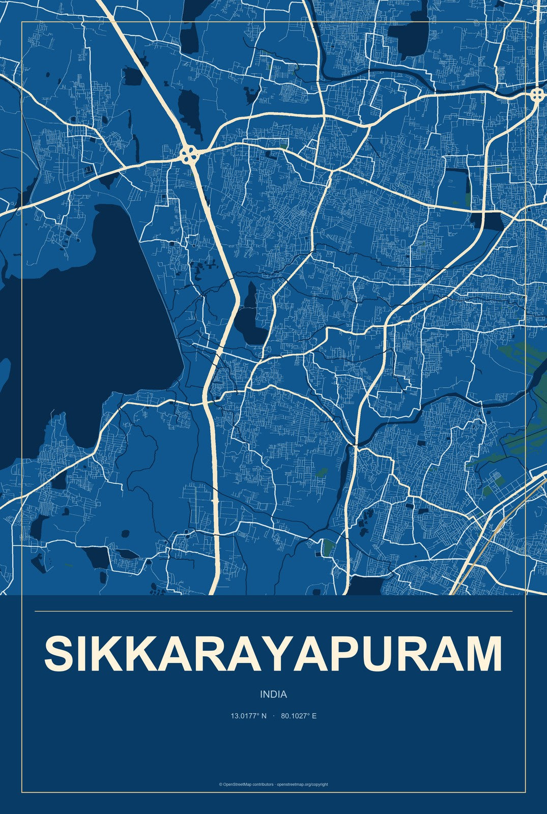 Sikkarayapuram, India City Map Aluminum Sign in Harbor Cobalt style