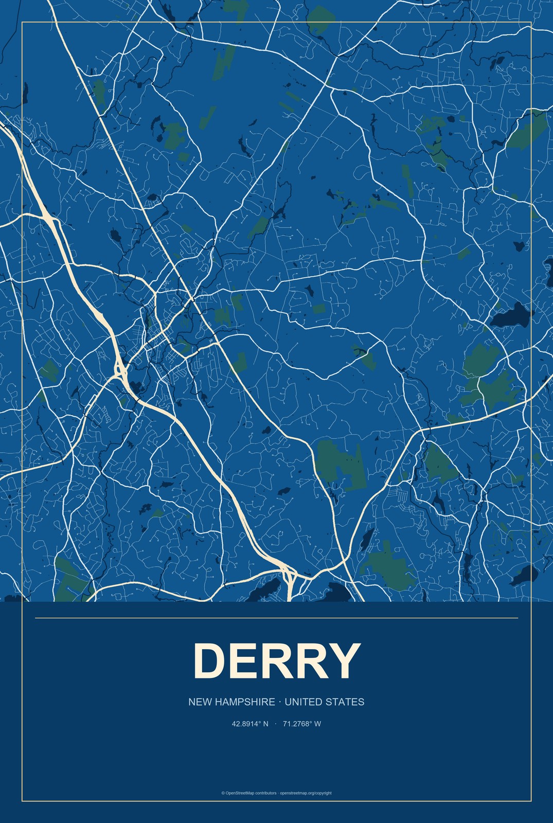 Derry, New Hampshire City Map Aluminum Sign in Harbor Cobalt style