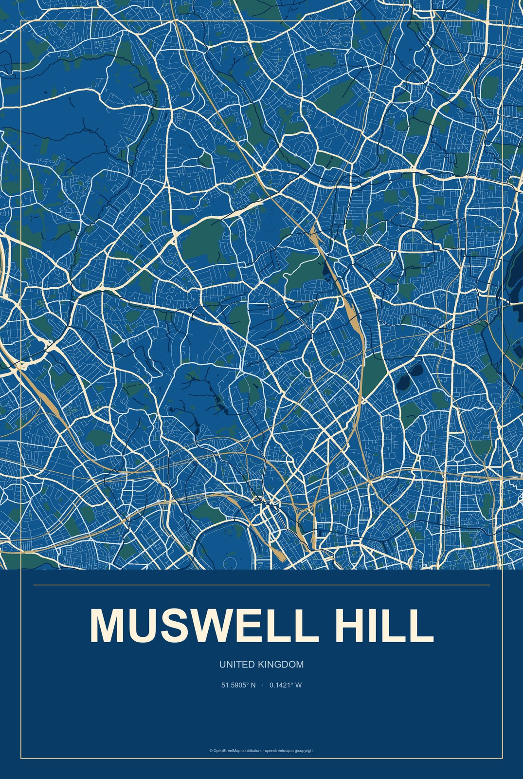 Muswell Hill, United Kingdom City Map Aluminum Sign in Harbor Cobalt style