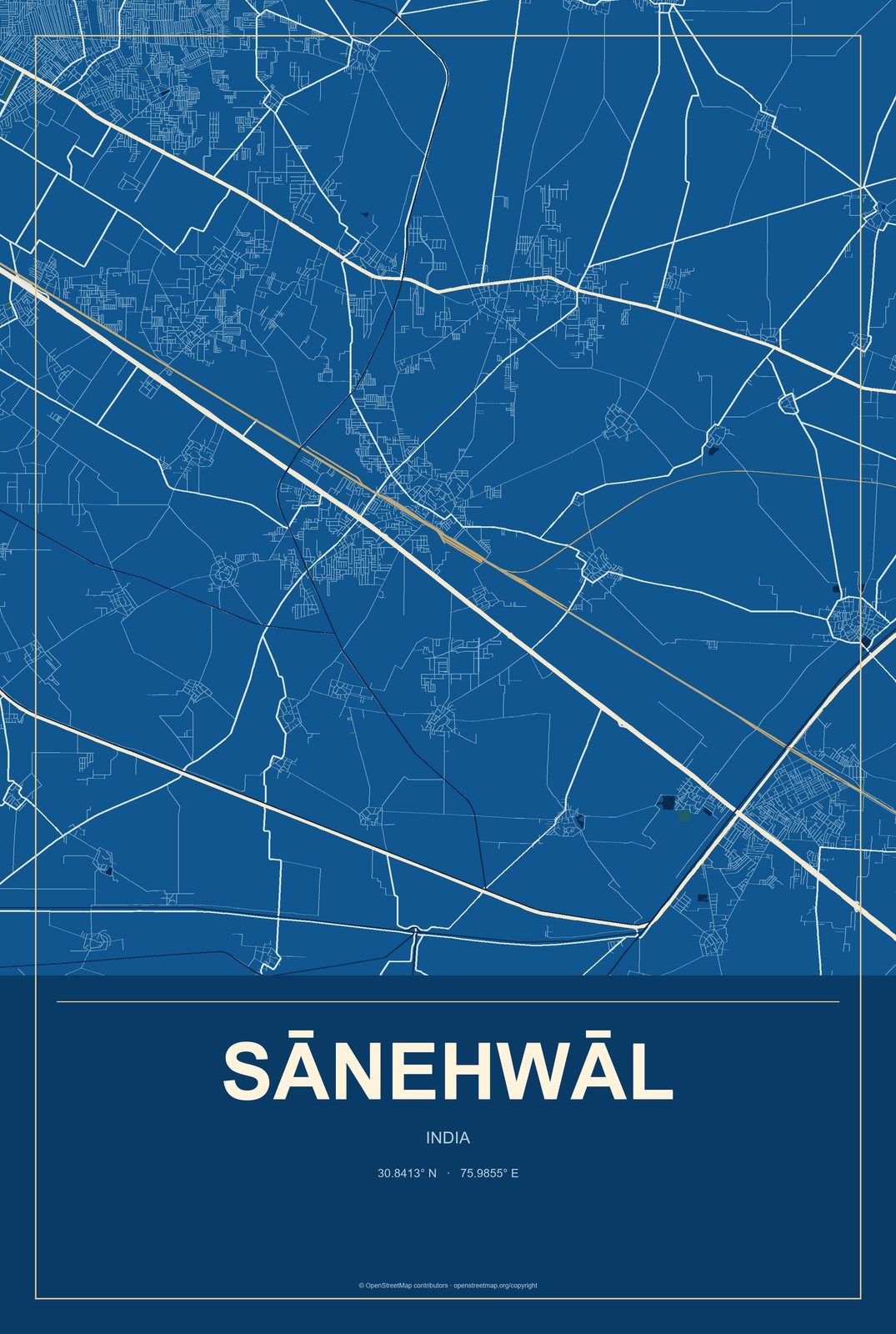 Sānehwāl, India City Map Aluminum Sign in Harbor Cobalt style