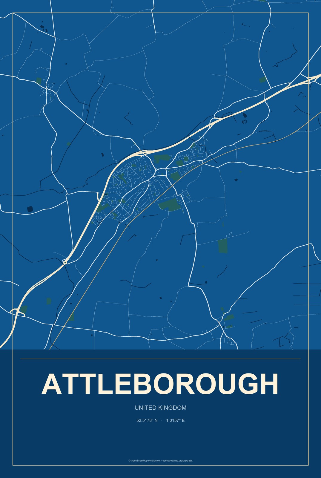Attleborough, United Kingdom City Map Aluminum Sign in Harbor Cobalt style