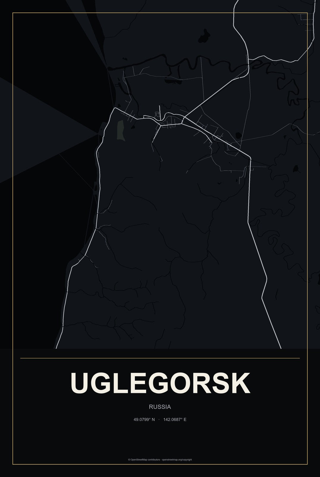 Uglegorsk, Russia City Map Aluminum Sign in Metropolitan Noir style