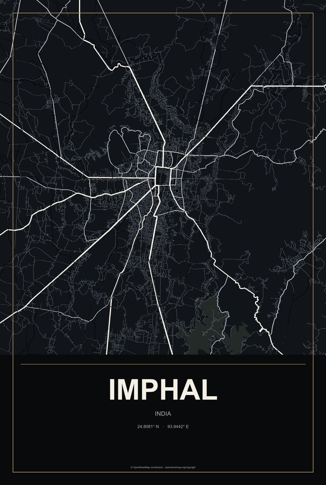 Imphal, India City Map Aluminum Sign in Metropolitan Noir style