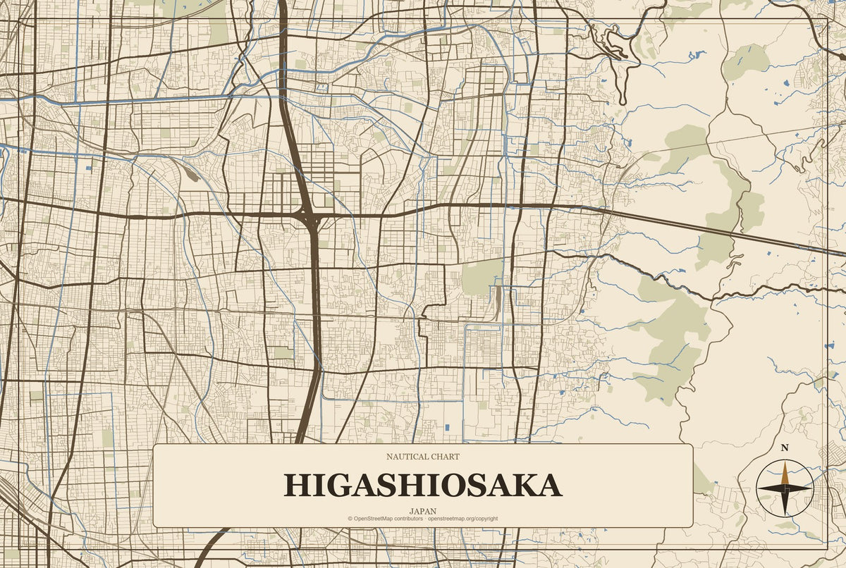 Higashiosaka, Japan City Map Aluminum Sign in Heritage Nautical style