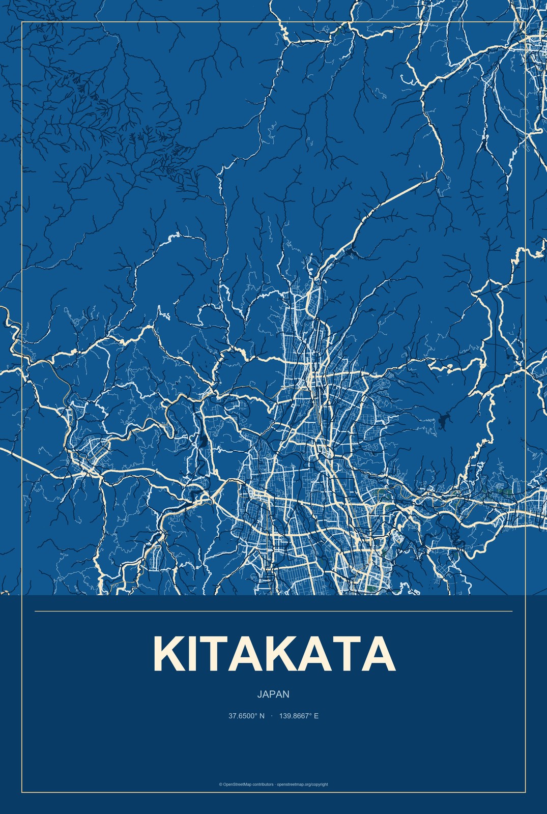 Kitakata, Japan City Map Aluminum Sign in Harbor Cobalt style