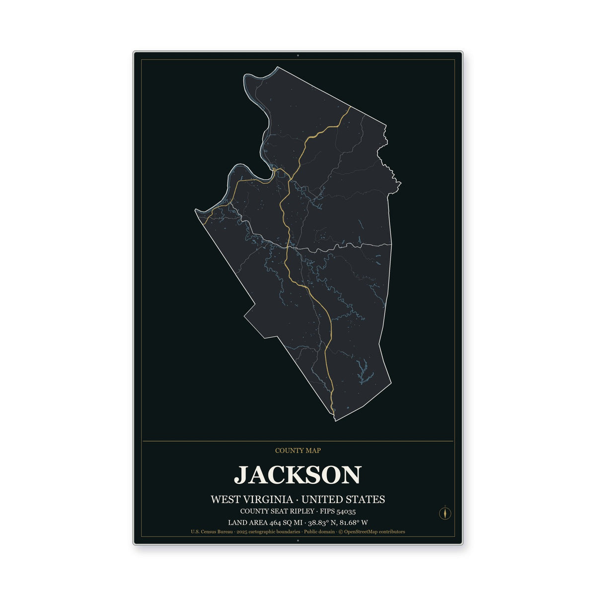 Jackson County, West Virginia Map Aluminum Sign in Metropolitan Noir style