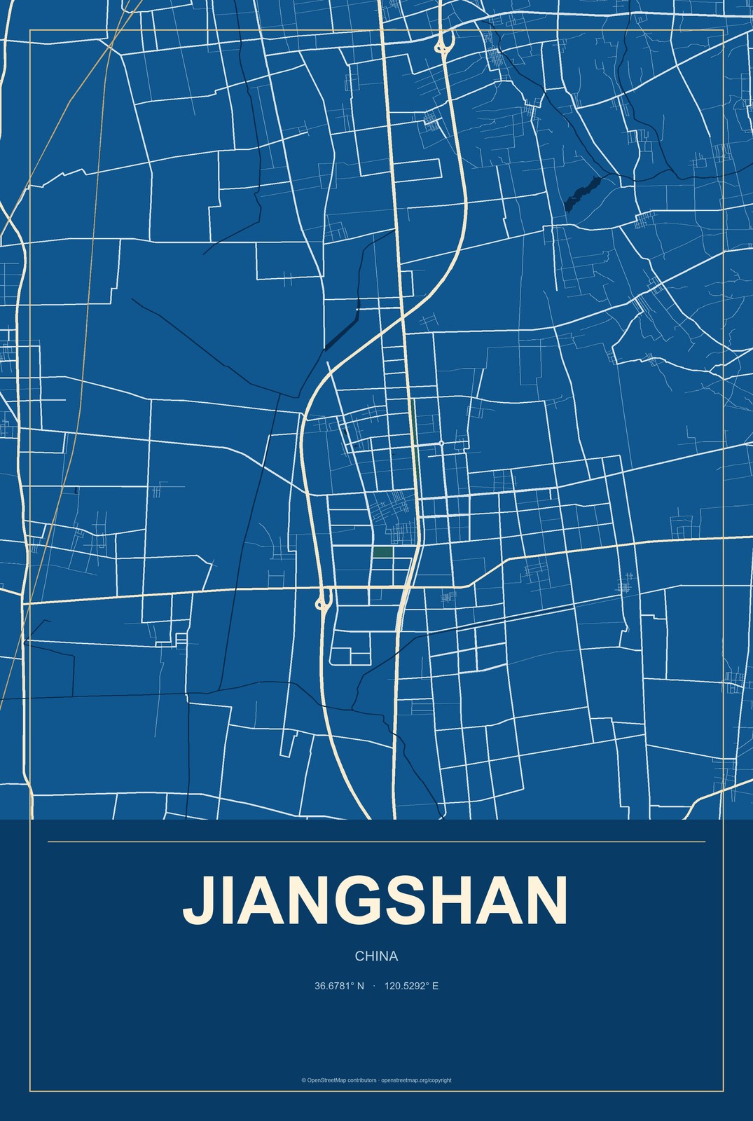 Jiangshan, China City Map Aluminum Sign in Harbor Cobalt style