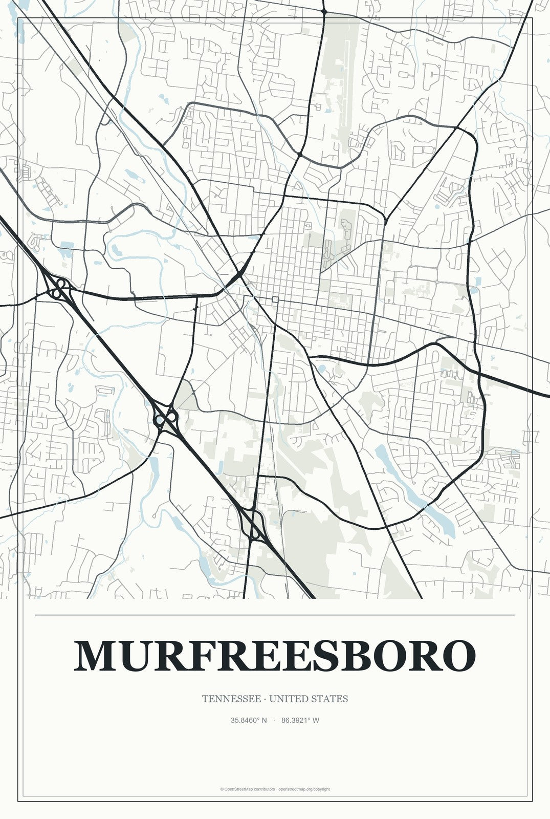 Murfreesboro, Tennessee City Map Aluminum Sign in Gallery Air style