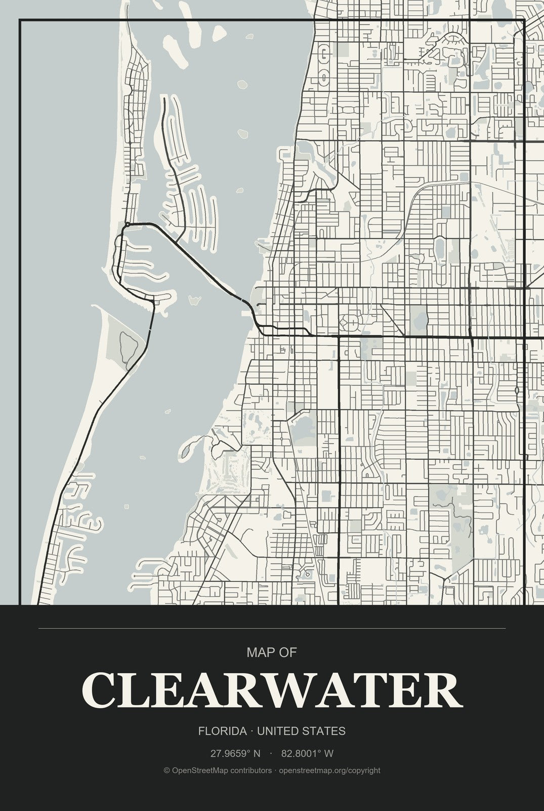 Clearwater, Florida City Map Aluminum Sign in Museum Plaque style