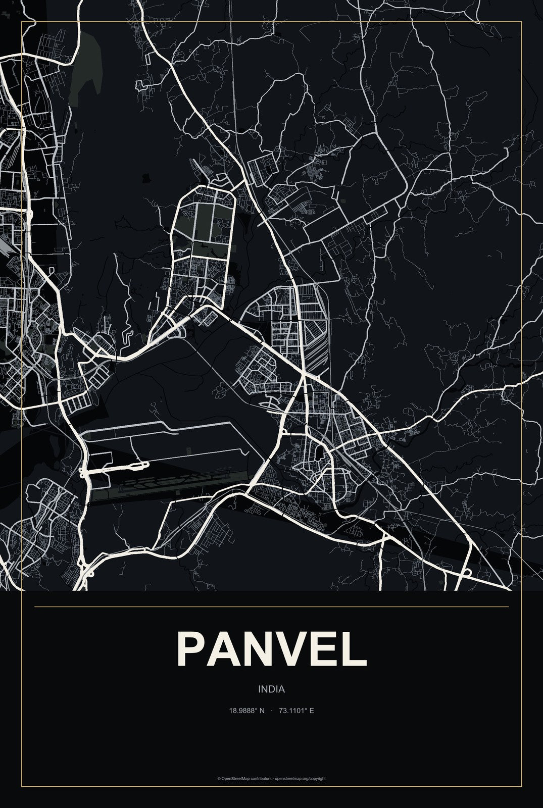 Panvel, India City Map Aluminum Sign in Metropolitan Noir style