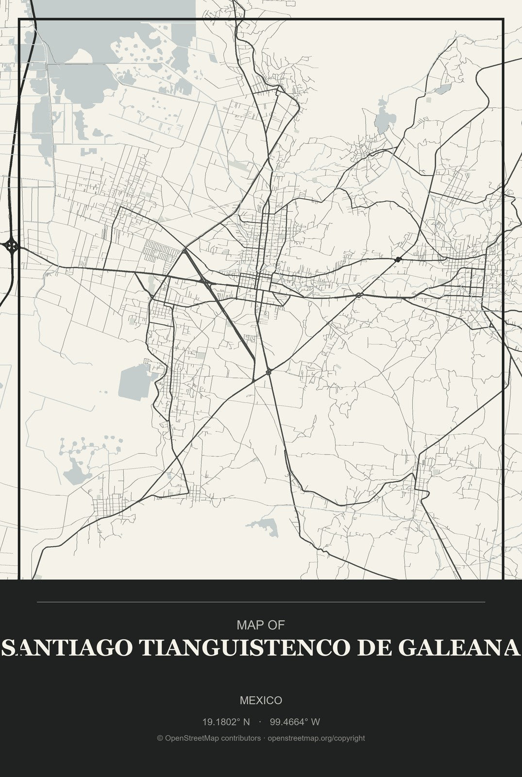 Santiago Tianguistenco de Galeana, Mexico City Map Aluminum Sign in Museum Plaque style