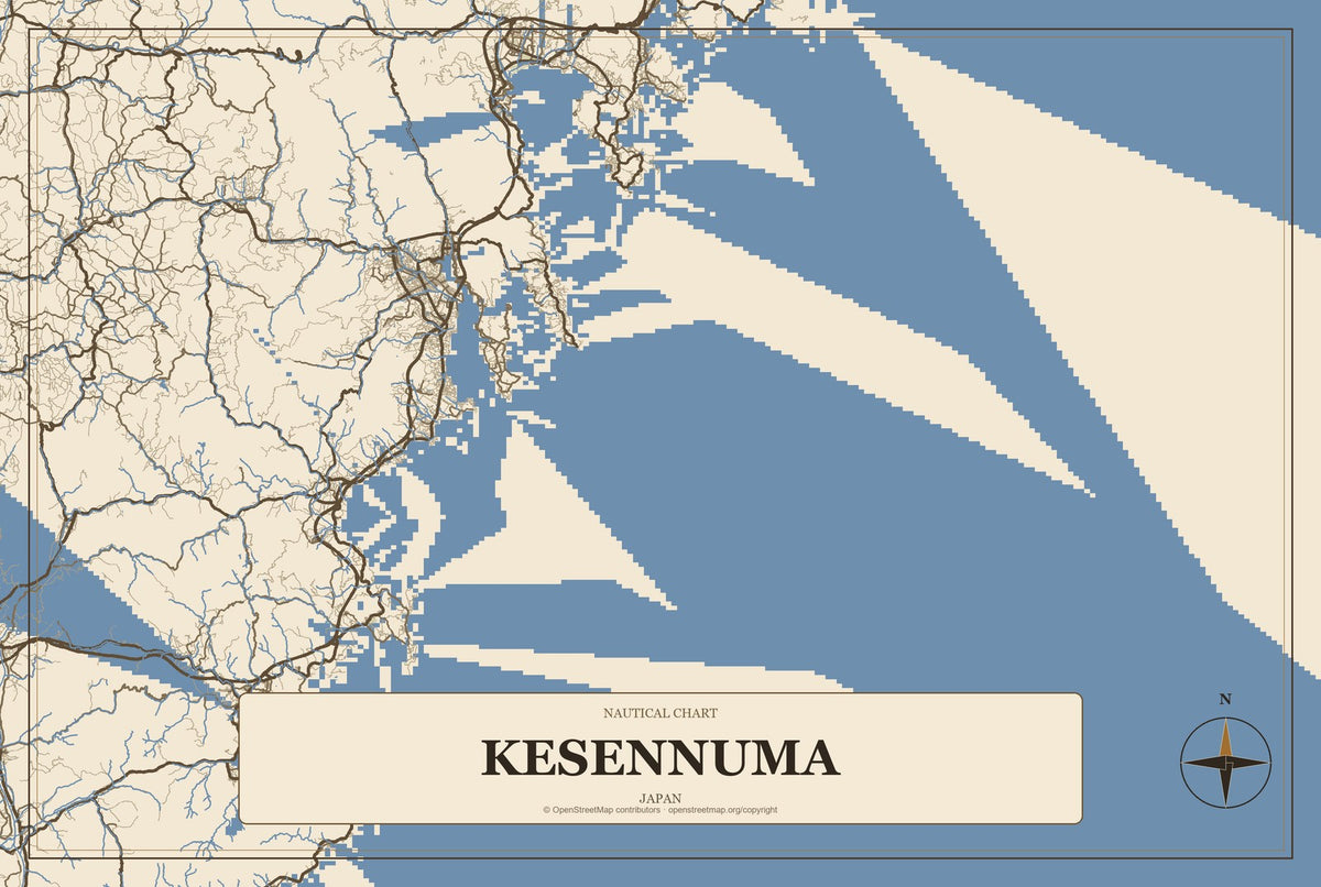 Kesennuma, Japan City Map Aluminum Sign in Heritage Nautical style