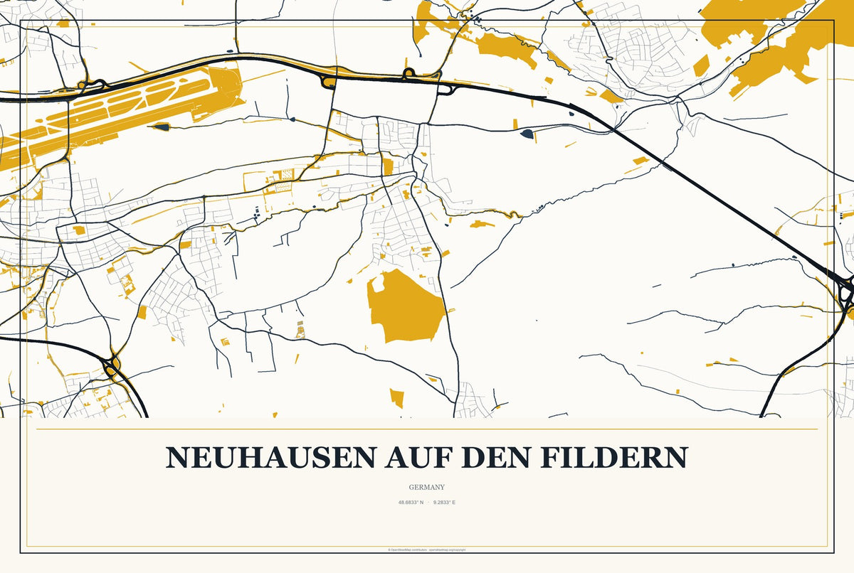 Neuhausen auf den Fildern, Germany City Map Aluminum Sign in Citrine Modern style