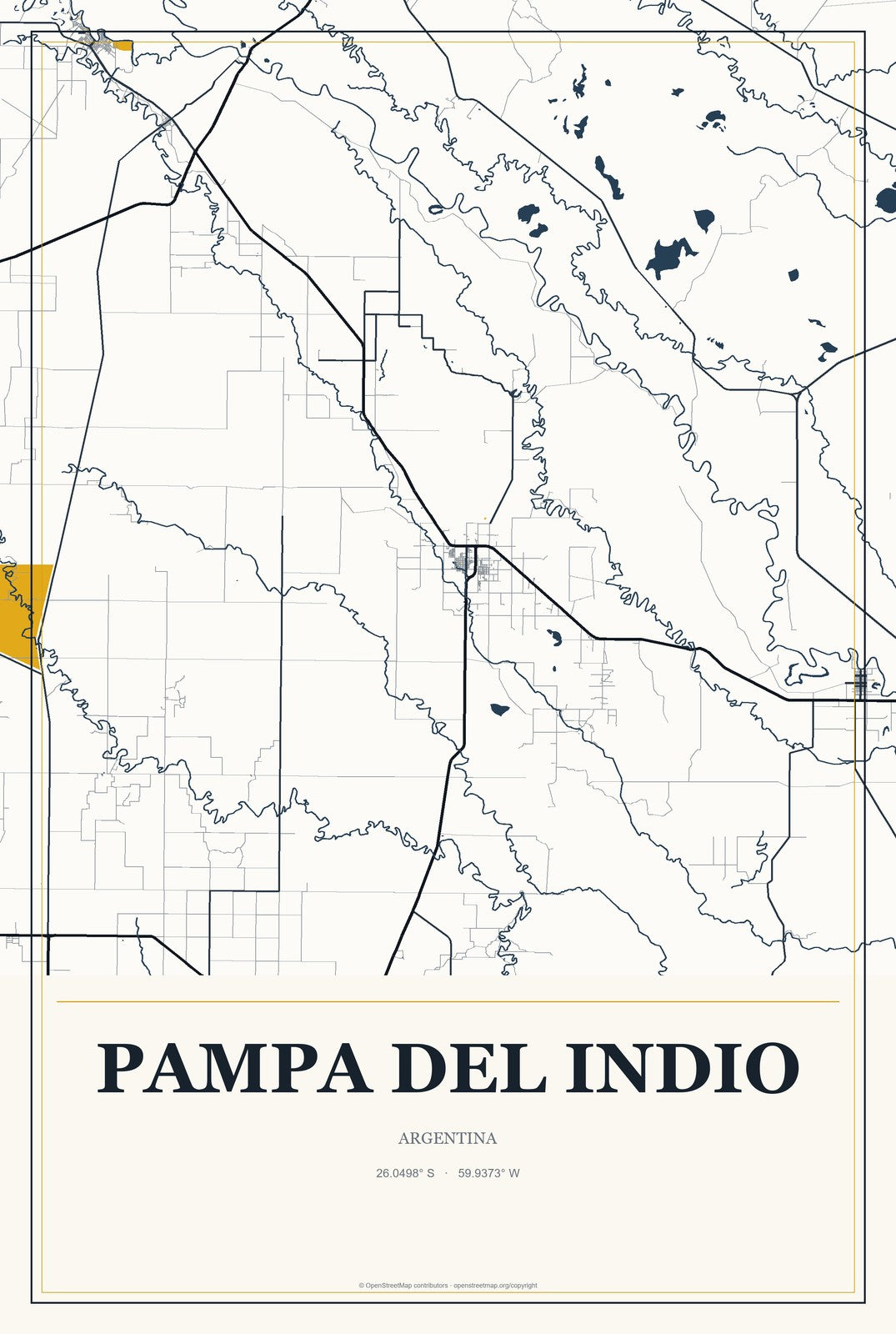 Pampa del Indio, Argentina City Map Aluminum Sign in Citrine Modern style
