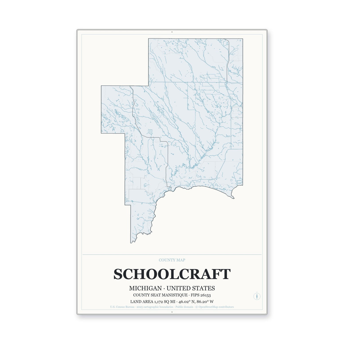 Schoolcraft County, Michigan Map Aluminum Sign in Gallery Air style