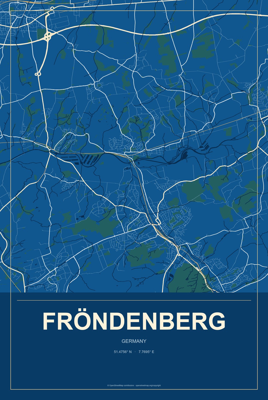 Fröndenberg, Germany City Map Aluminum Sign in Harbor Cobalt style