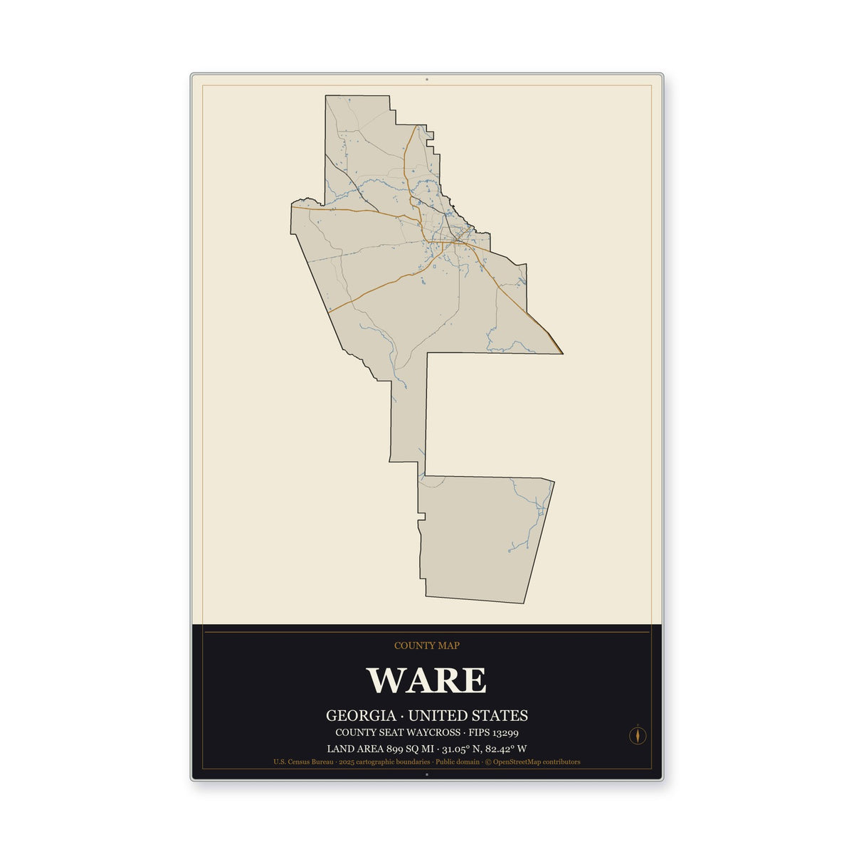 Ware County, Georgia Map Aluminum Sign in Museum Plaque style