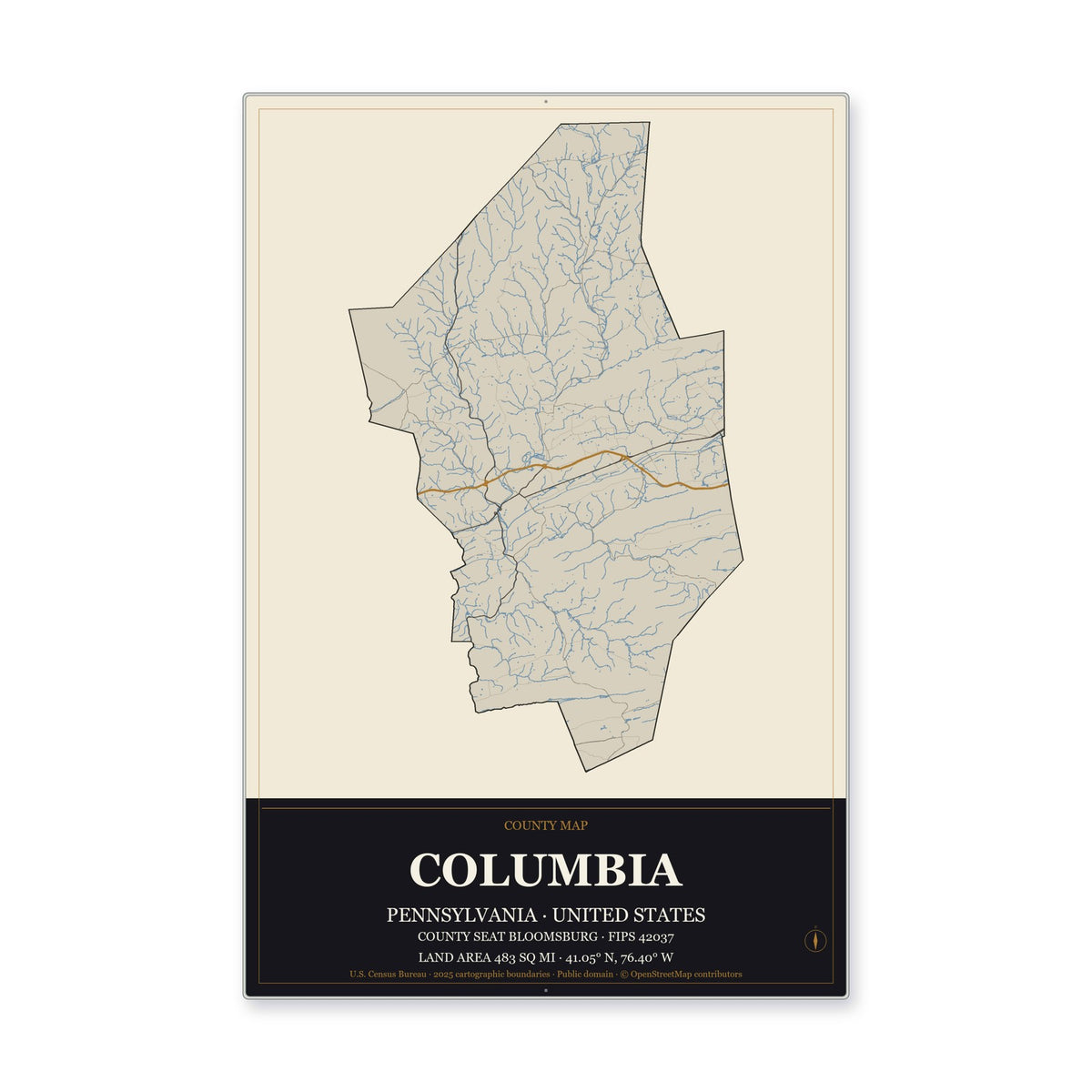 Columbia County, Pennsylvania Map Aluminum Sign in Museum Plaque style