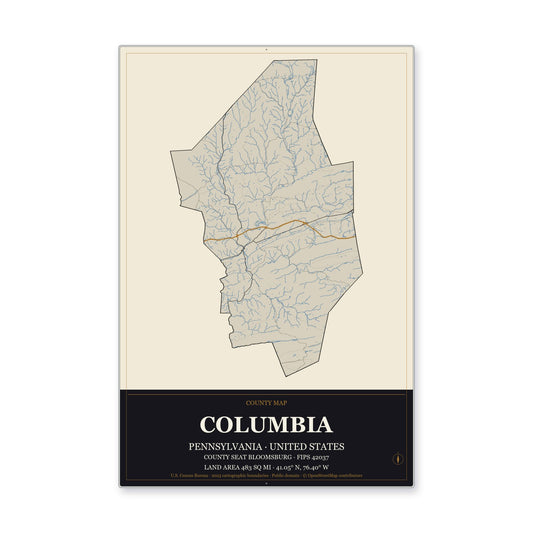 Columbia County, Pennsylvania Map Aluminum Sign in Museum Plaque style