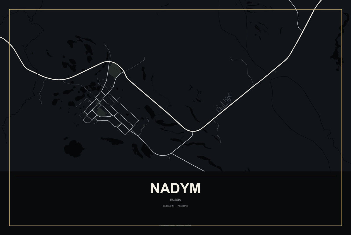 Nadym, Russia City Map Aluminum Sign in Metropolitan Noir style