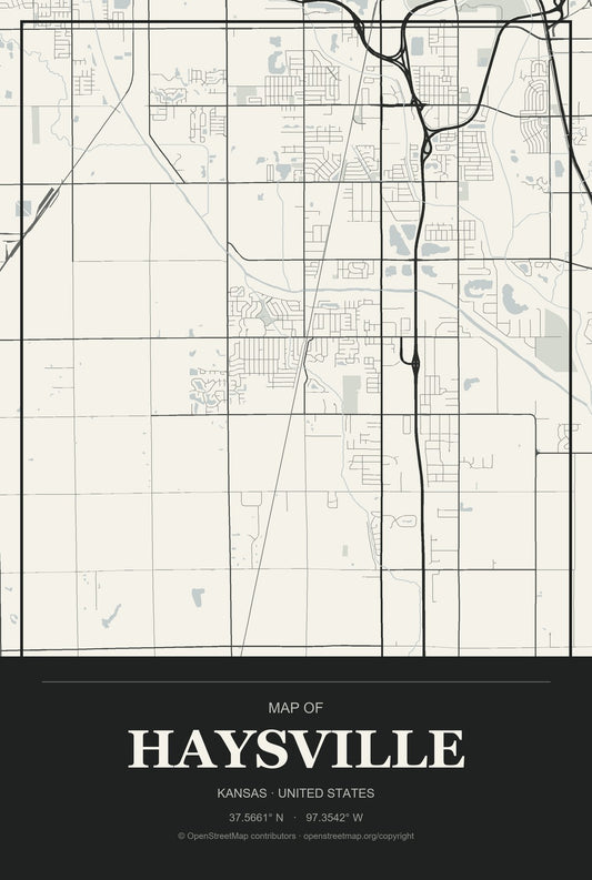 Haysville, Kansas City Map Aluminum Sign in Museum Plaque style