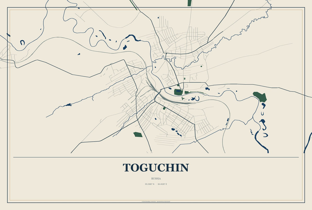 Toguchin, Russia City Map Aluminum Sign in Coastal Cutout style