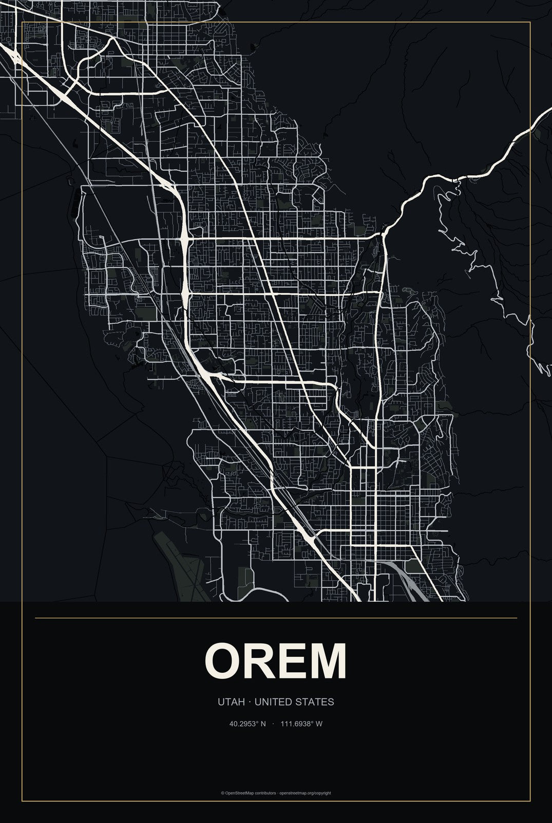 Orem, Utah City Map Aluminum Sign in Metropolitan Noir style