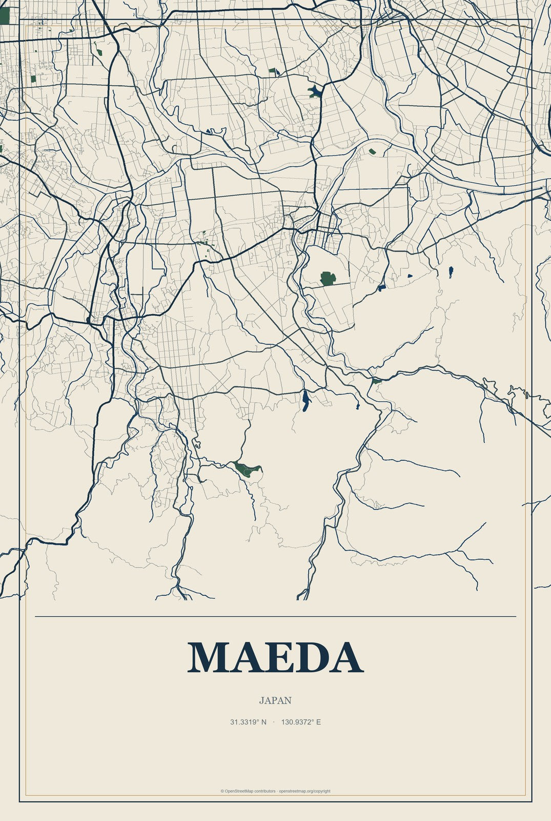 Maeda, Japan City Map Aluminum Sign in Coastal Cutout style