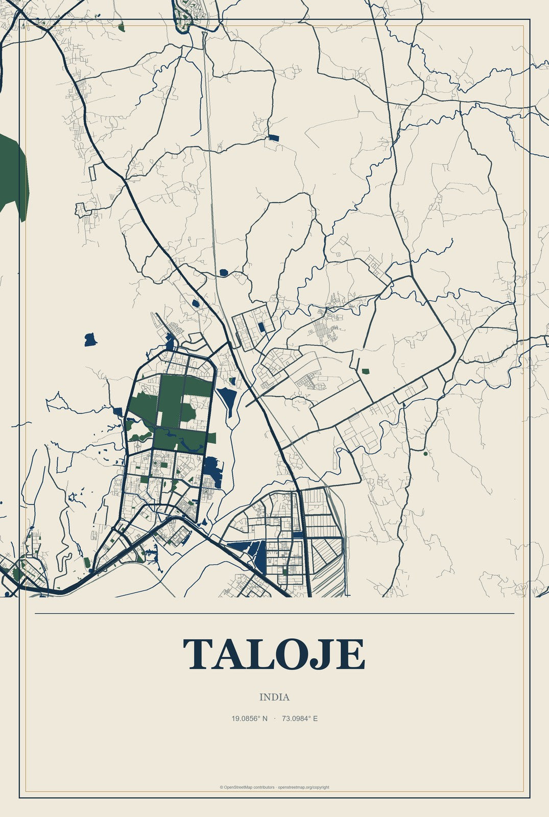 Taloje, India City Map Aluminum Sign in Coastal Cutout style