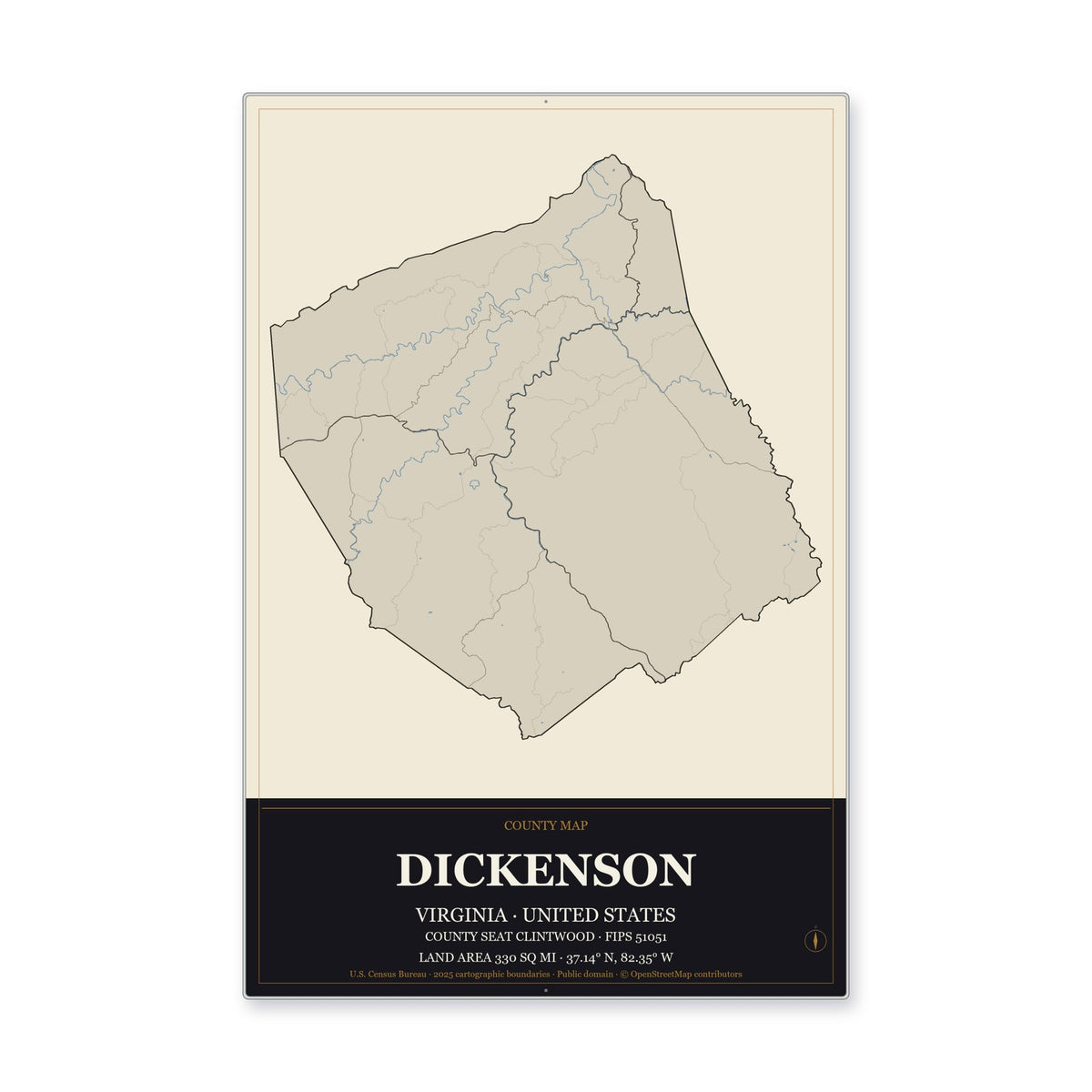 Dickenson County, Virginia Map Aluminum Sign in Museum Plaque style