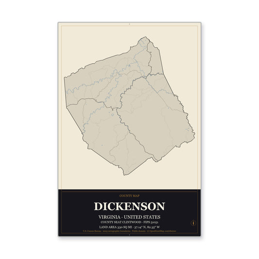 Dickenson County, Virginia Map Aluminum Sign in Museum Plaque style