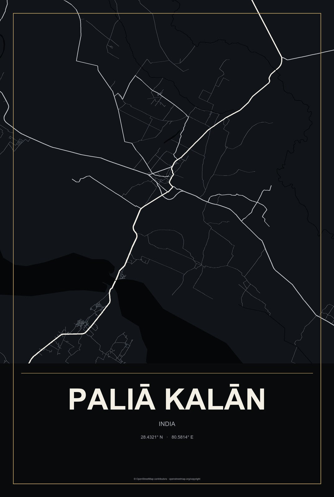 Paliā Kalān, India City Map Aluminum Sign in Metropolitan Noir style