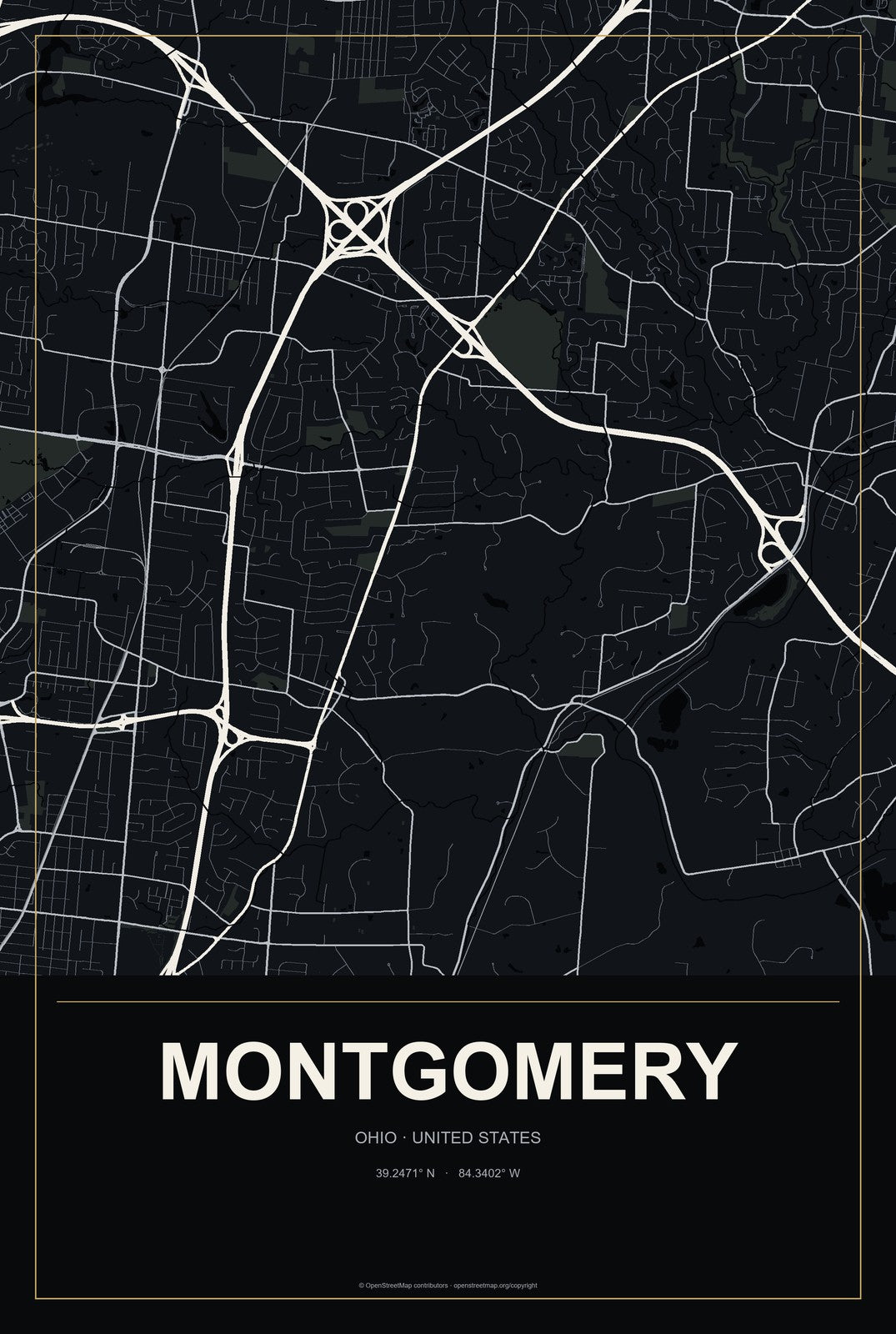 Montgomery, Ohio City Map Aluminum Sign in Metropolitan Noir style