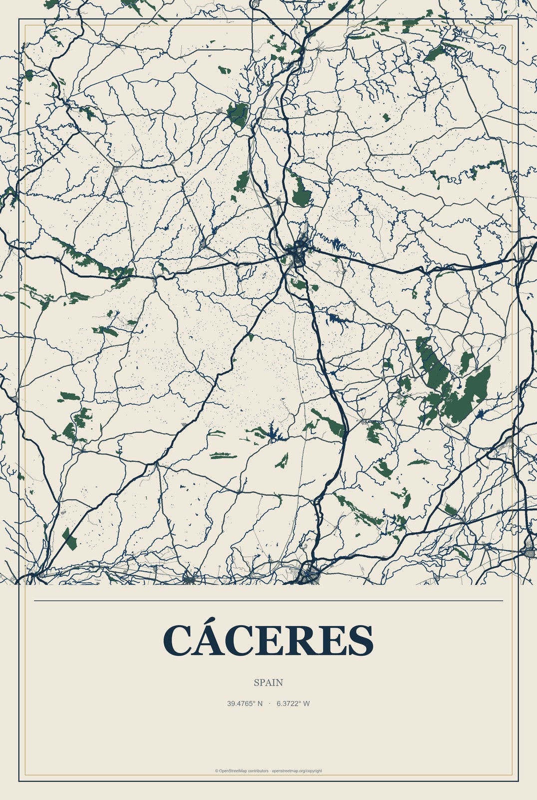 Cáceres, Spain City Map Aluminum Sign in Coastal Cutout style