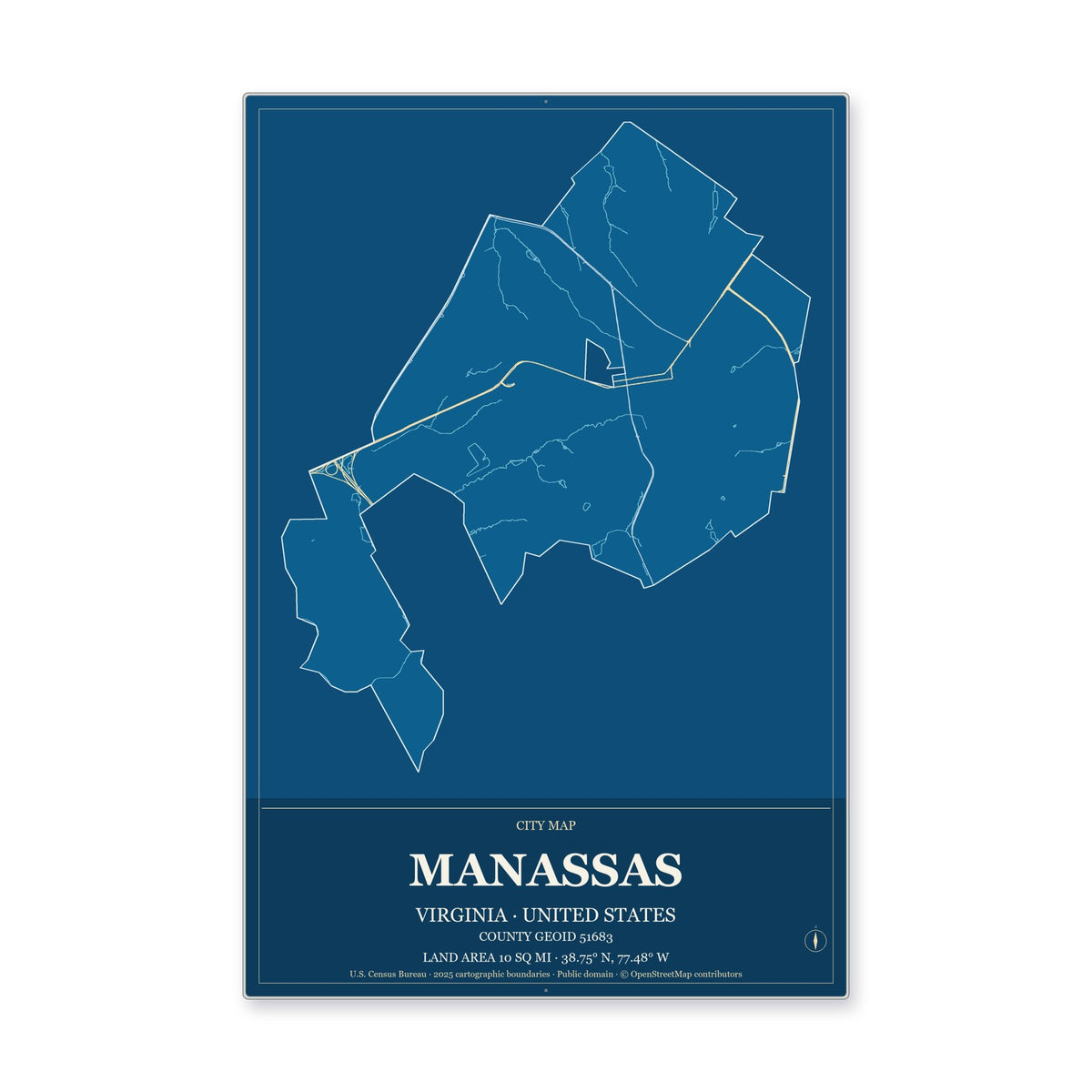 Manassas city, Virginia Map Aluminum Sign in Harbor Cobalt style