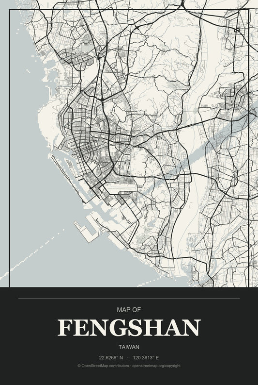 Fengshan, Taiwan City Map Aluminum Sign in Museum Plaque style
