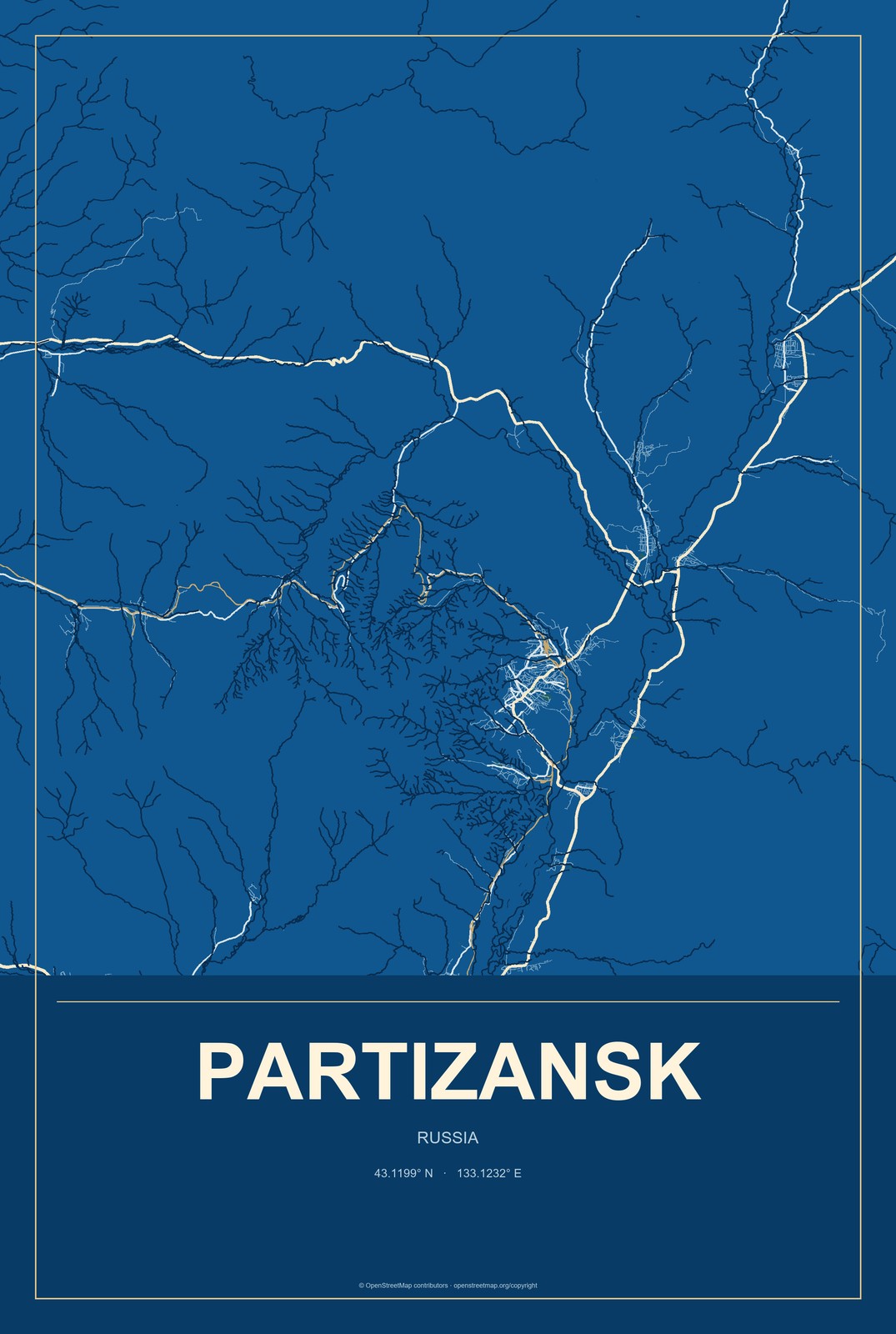 Partizansk, Russia City Map Aluminum Sign in Harbor Cobalt style
