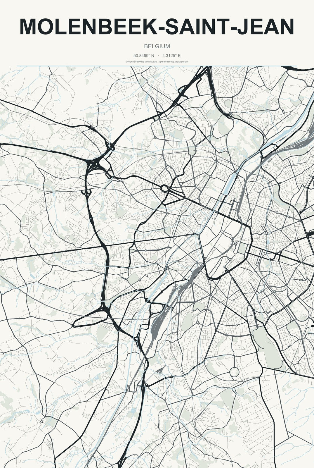 Molenbeek-Saint-Jean, Belgium City Map Aluminum Sign in Headline Atlas style