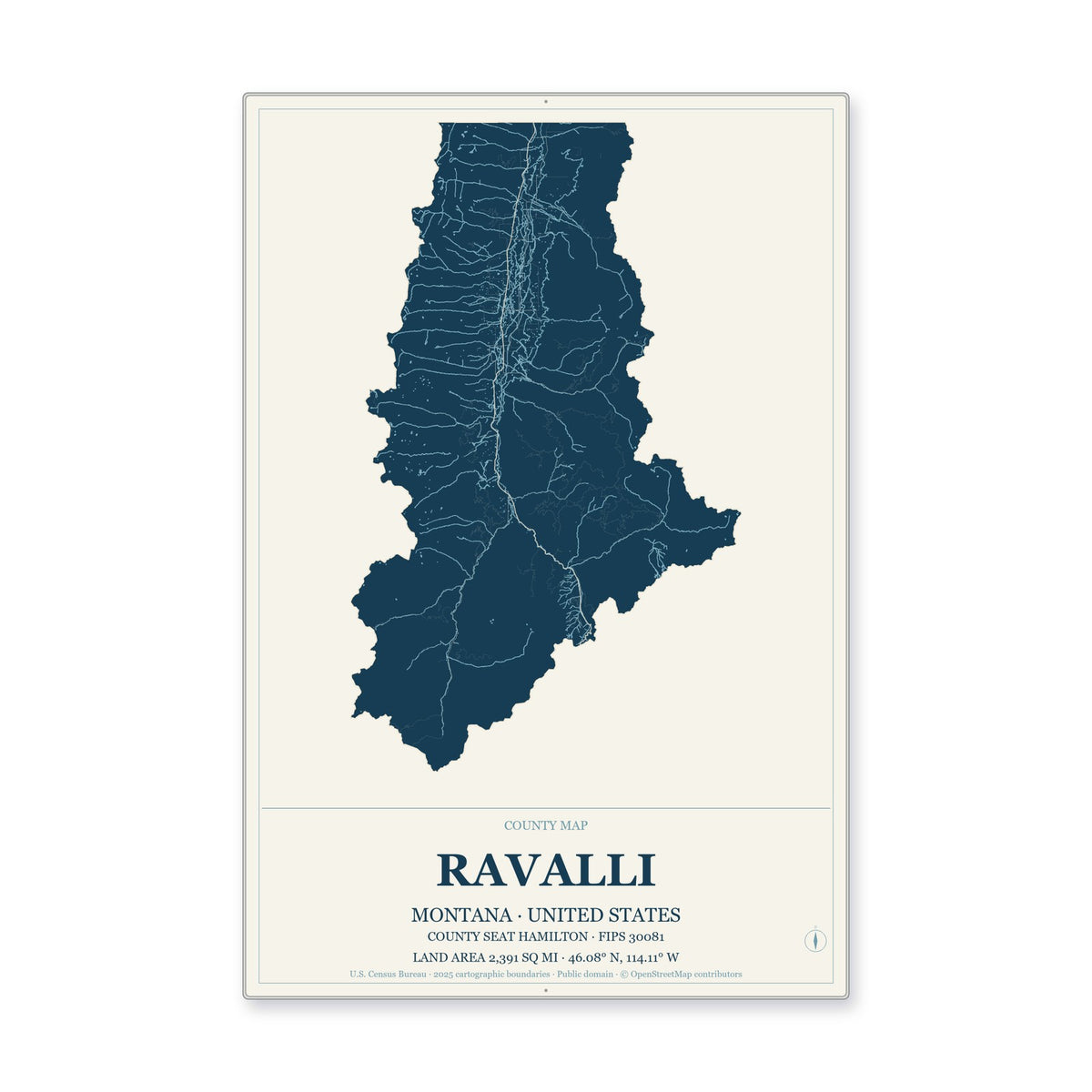 Ravalli County, Montana Map Aluminum Sign in Coastal Cutout style