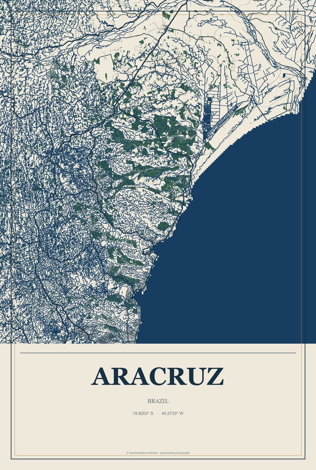 Aracruz, Brazil City Map Aluminum Sign in Coastal Cutout style