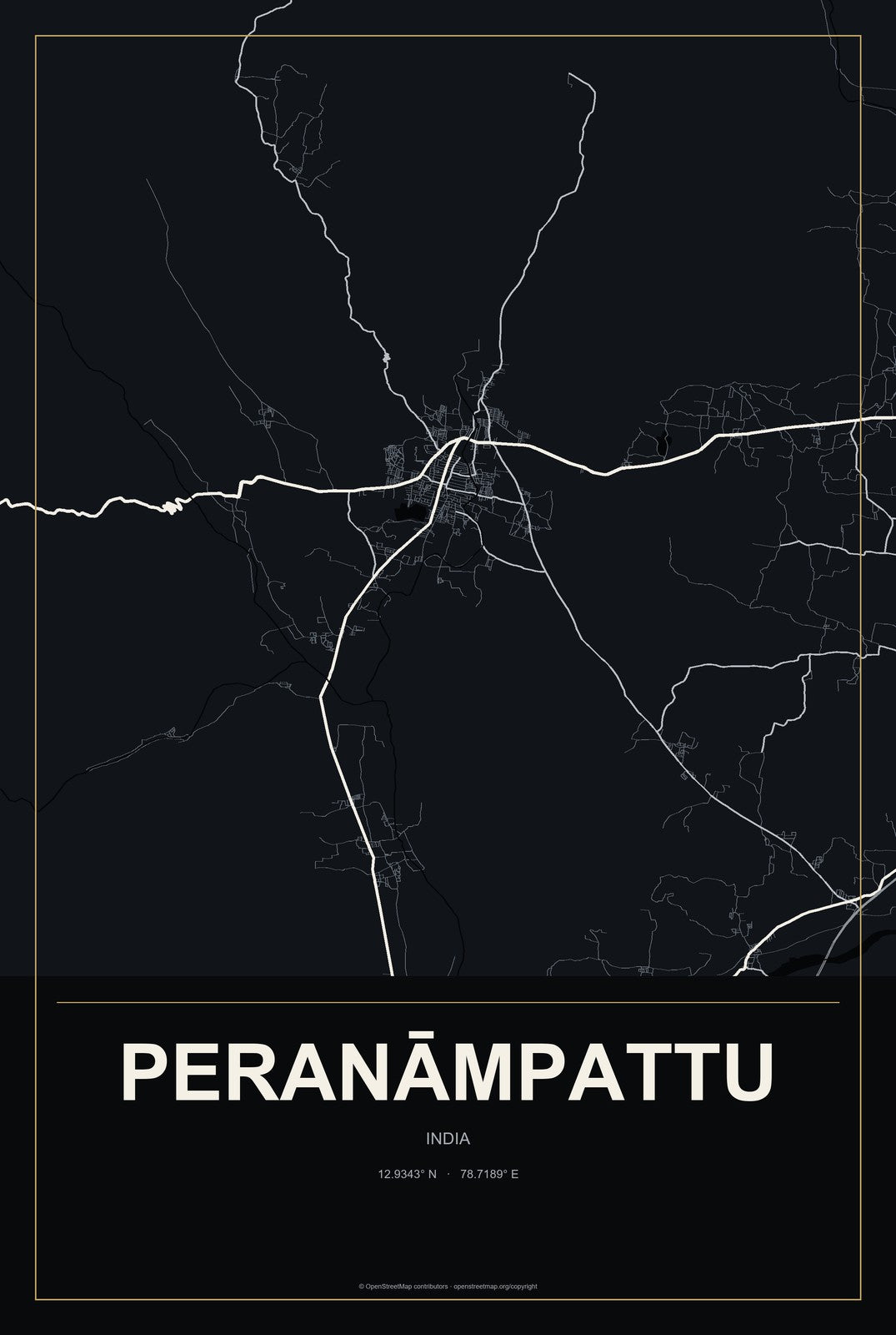 Peranāmpattu, India City Map Aluminum Sign in Metropolitan Noir style