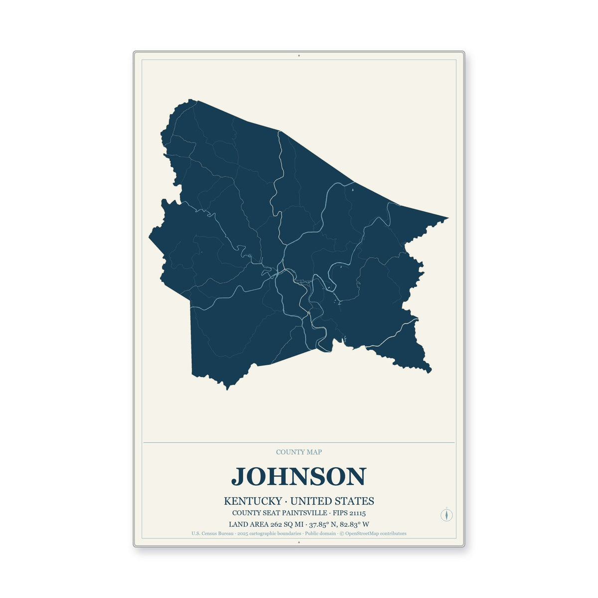 Johnson County, Kentucky Map Aluminum Sign in Coastal Cutout style
