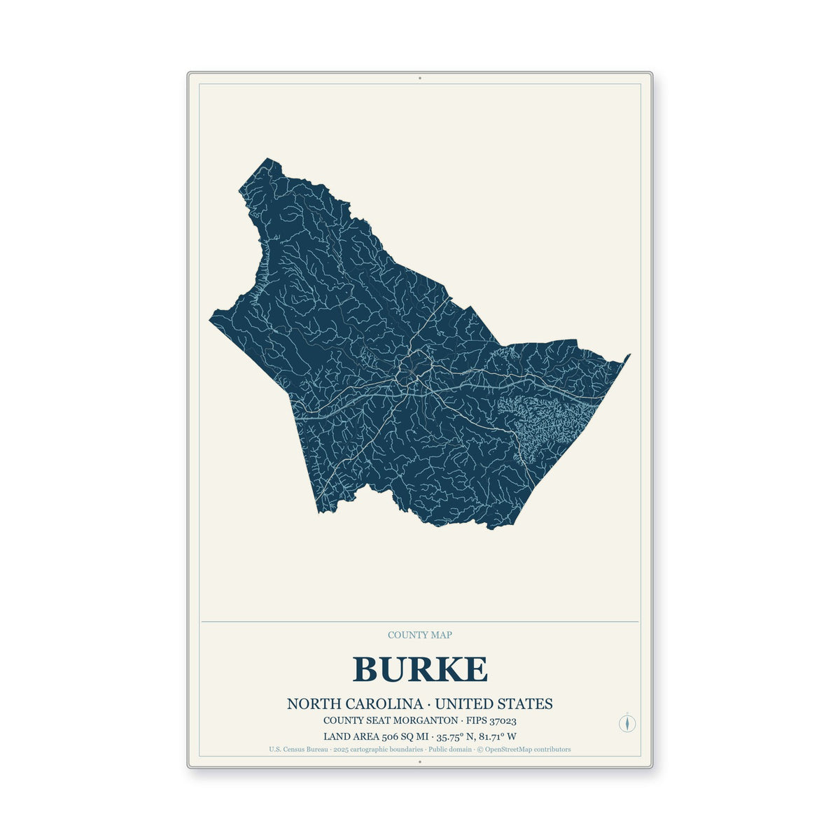 Burke County, North Carolina Map Aluminum Sign in Coastal Cutout style